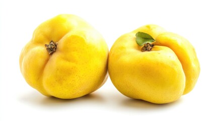 Two Ripe Yellow Quinces with Green Leaves on a White Background