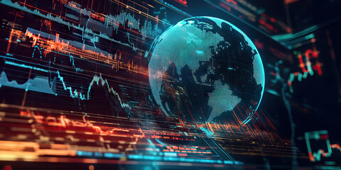 Fototapeta premium Financial Foresight: A futuristic hologram of a globe, with lines projecting stock market trends and currencies, alongside a tablet with financial news and charts