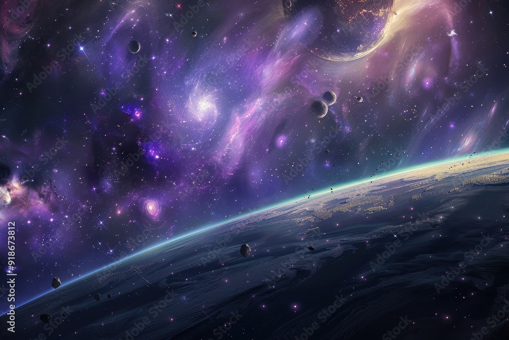 Wall mural breathtaking view of a distant planet with a starry night sky and colorful nebulae.