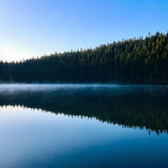 Serene mountain lake at sunrise, mist rising over calm waters, pine trees reflecting in the water.