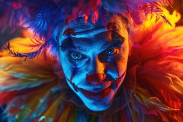 A Clown's Gloomy Gaze Under Neon Lights