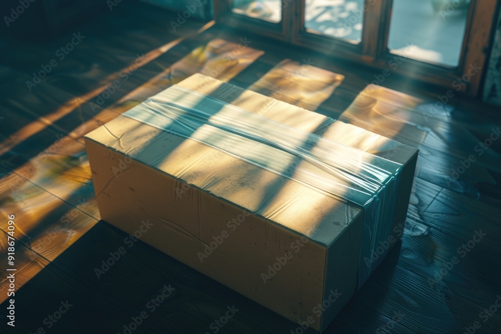 Poster a box sits on the floor in front of a window, providing a simple and clean background