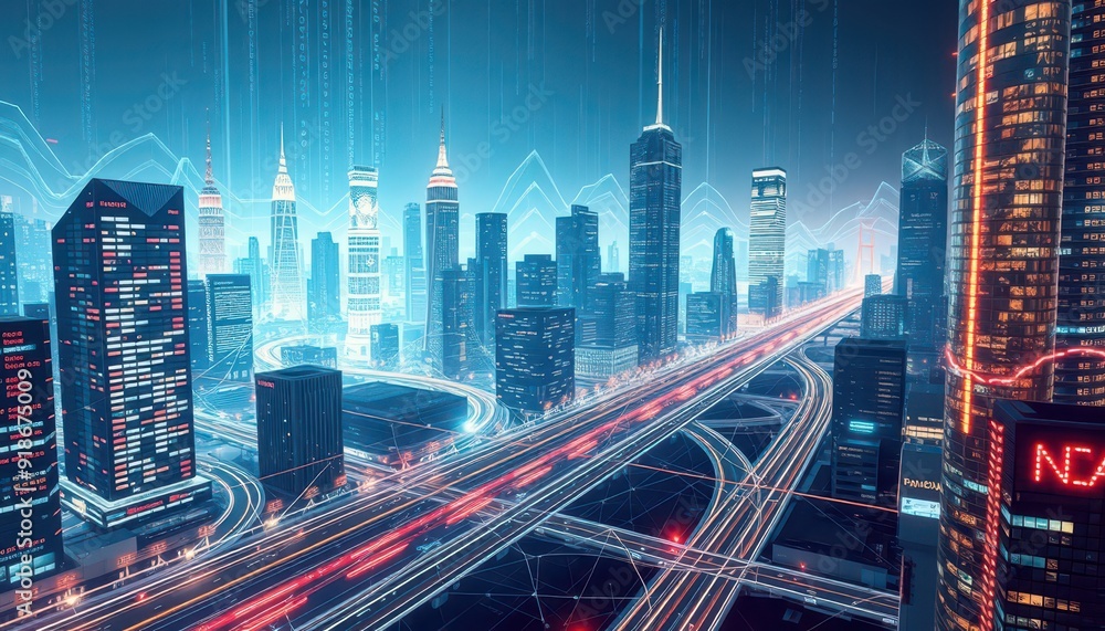Poster futuristic cityscape with data streams and light trails.