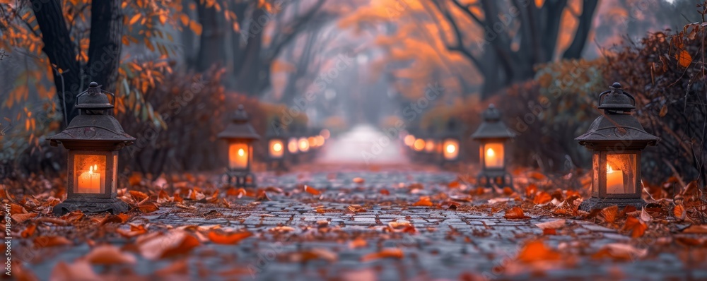 Wall mural pathway lined with autumn lanterns