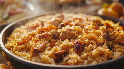 Kabsa close-up, rice and meat dish, saudi arabia national traditional food. Muslim family dinner, Ramadan, iftar. Arabian cuisine. Religious holiday, holy month