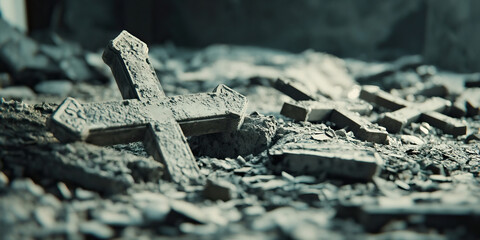 Fractured Faith: A destroyed church altar, shattered crosses scattered about.