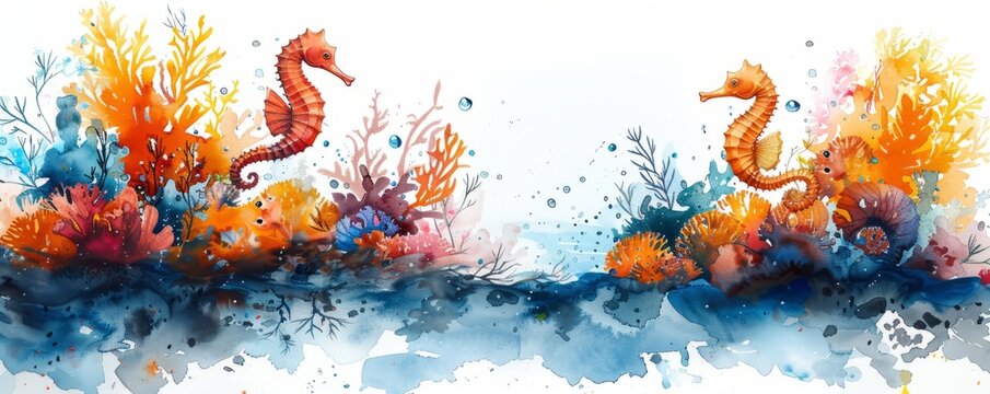 Watercolor abstract coral reefs with seahorses on white. - Powered by Adobe