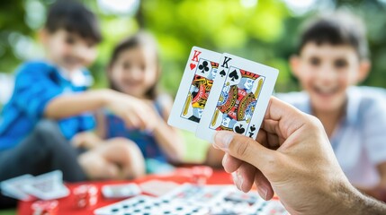 Fototapeta premium Close-up of hand holding two kings while playing card game outdoors with friends on a sunny day. Fun, leisure, and entertainment.