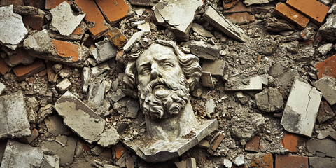 Fractured Fortress: The remains of a destroyed statue, lying amidst broken bricks and shattered concrete.