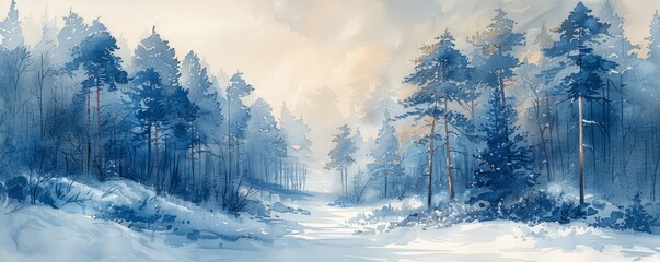 Abstract winter forest with snow-covered trees in watercolor.