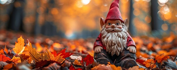 Fototapeta premium Autumn leaves on a garden gnome