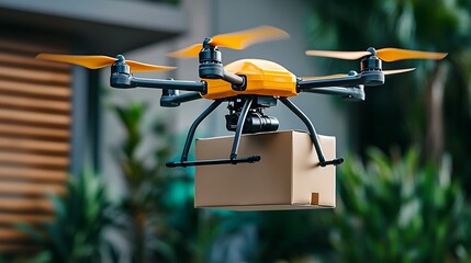 Drone Delivery: A yellow and black drone soars through the air, carrying a cardboard package,  representing the future of fast and efficient delivery.  