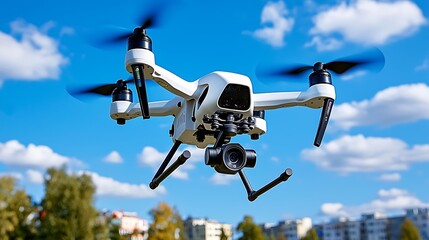 Drone's Eye View: A sleek white drone soars through a vibrant blue sky, capturing breathtaking aerial perspectives. 
