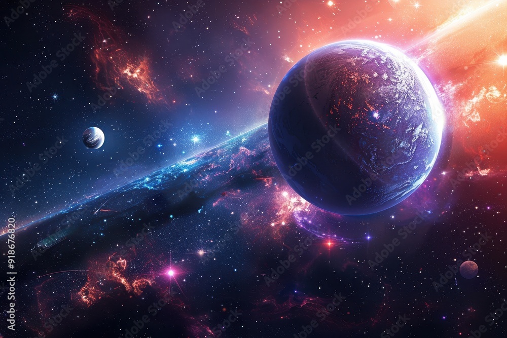Canvas Prints glowing blue and purple planet with a moon in the vastness of space.