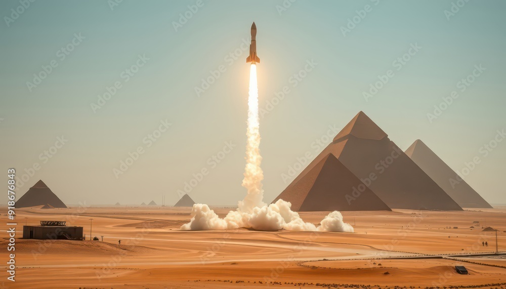 Poster rocket launch over pyramids in the desert.