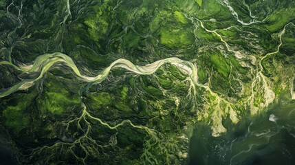 Obraz premium An aerial snapshot captures the interwoven river basins and moss-covered landscapes of Iceland's dynamic environment 