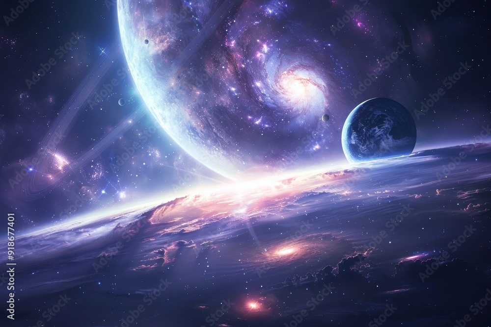 Canvas Prints breathtaking view of a distant exoplanet with a starry night sky and a colorful nebula in the backgr