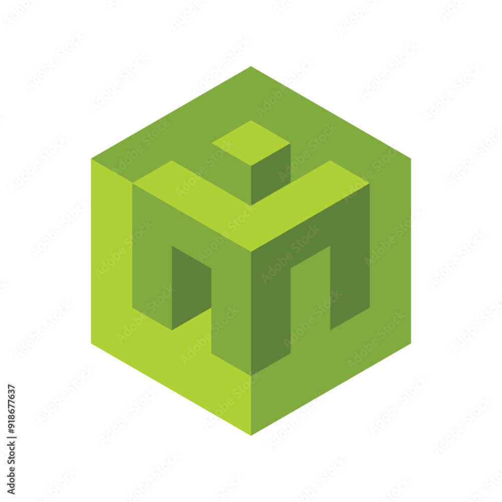 Poster this is a logo of an initial letter m in green color inside of a hexagonal block cube on a white bac
