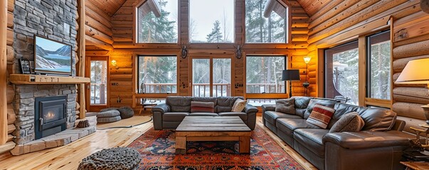 Log house with cozy, rustic decor.