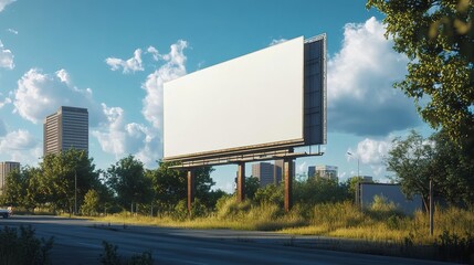 Fototapeta premium Blank Billboard on a Roadside with Trees and City Buildings in Background