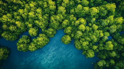 Naklejka premium A bird's-eye view of a lush green mangrove forest surrounding a calm, teal-colored body of water.