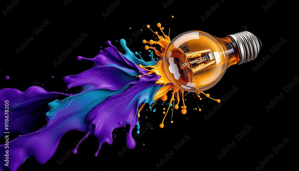 Poster lightbulb exploding with colorful paint splashes.