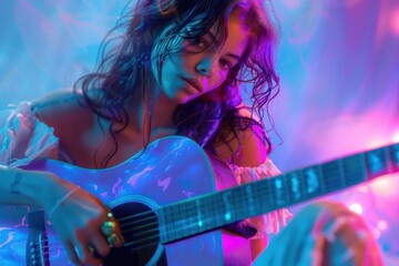 Obraz premium A Symphony of Light: A Young Woman Strums Her Guitar
