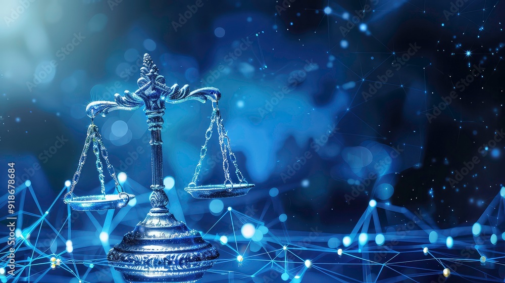 Poster a silver scale of justice stands tall against a backdrop of a digital network, emphasizing the impor