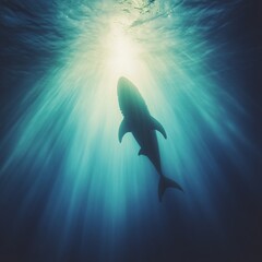 Silhouette of Shark Swimming Toward Surface in Deep Blue Ocean Waters