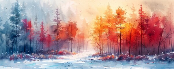 Watercolor abstract winter landscape with ice.