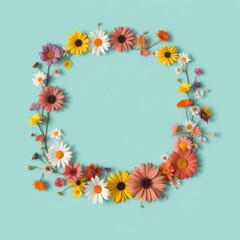 Obraz premium Colorful Flower Wreath on Teal Background.