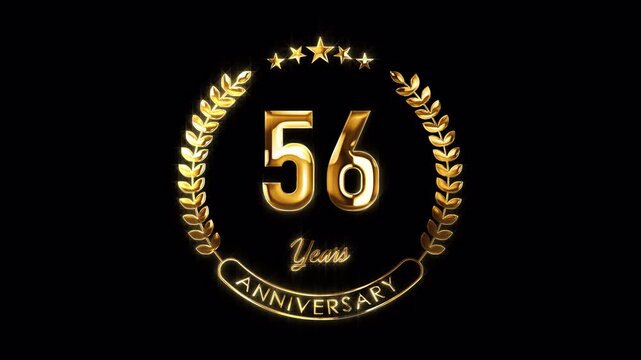56th Anniversary Celebration. Happy 56 Years Anniversary Animation in Gold Color on the Transparent Background, Alpha Channel. Great for greetings, celebrations, events, and gifts.