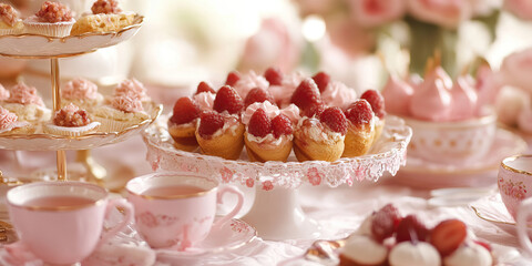 Elegant Pink Tea Party: A formal tea party setting with delicate china tea cups and pink-colored treats