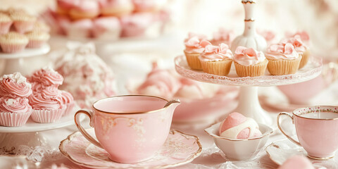 Elegant Pink Tea Party: A formal tea party setting with delicate china tea cups and pink-colored treats