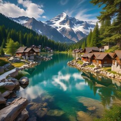 Naklejka premium A Picturesque Mountain Scene With A Charming Alpine A Clear Blue And Landscape Travel