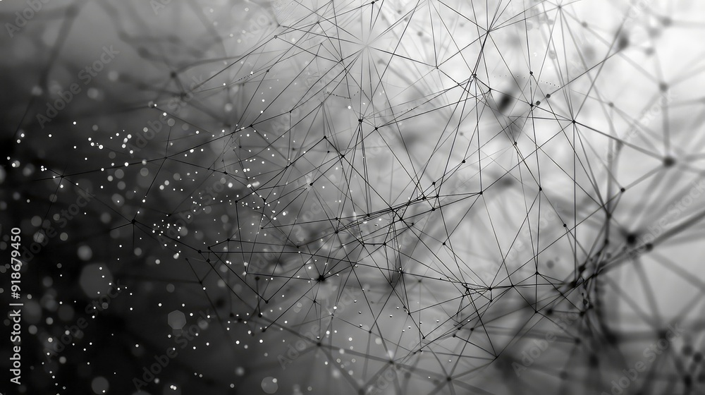 Poster a black and white abstract image of a web-like structure with blurred dots in the background.