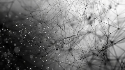 A black and white abstract image of a web-like structure with blurred dots in the background.
