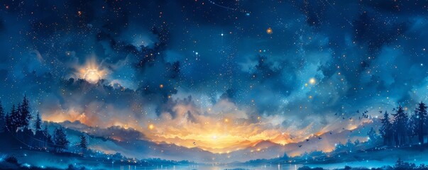 Fototapeta premium Watercolor abstract night sky with shooting stars.
