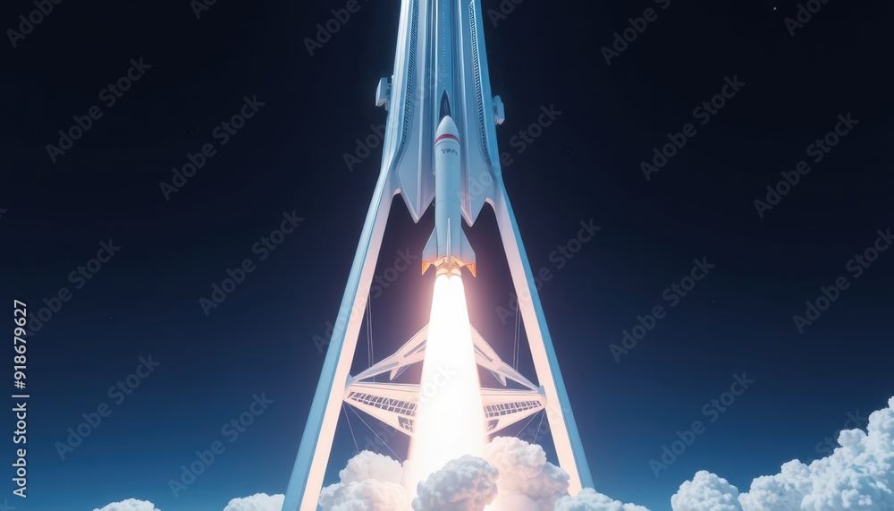 Poster spaceship launching through clouds.