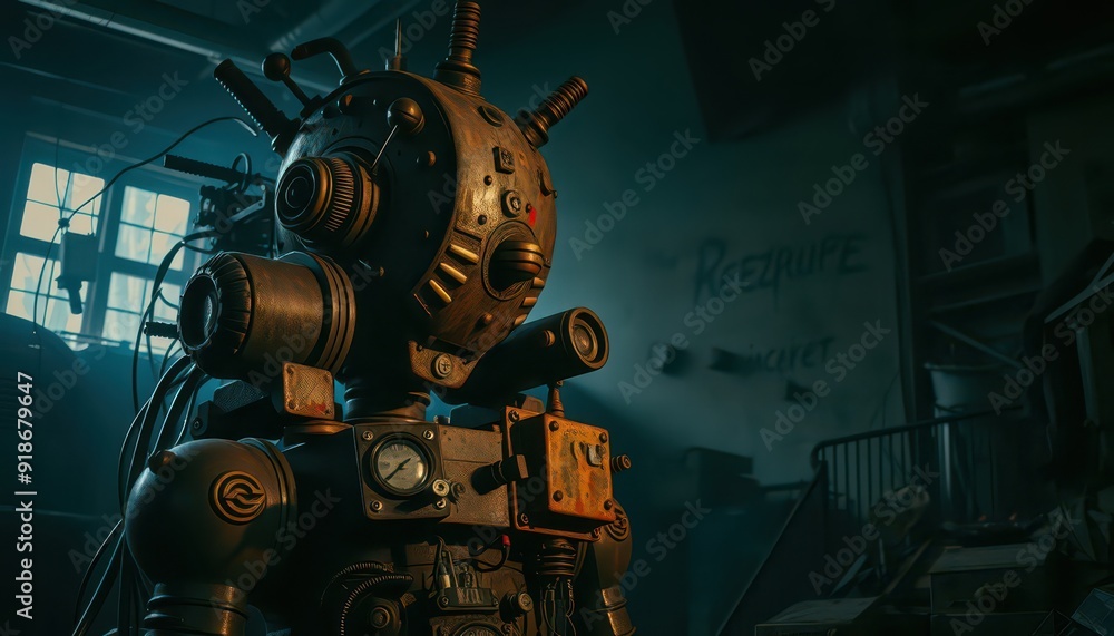 Poster rusty robot in a dark workshop.