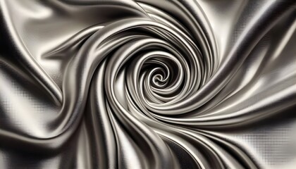 Abstract Twirling Silver Satin Fabric Forming Hypnotic Spiral Background Design