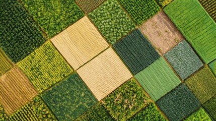 A drone shot of a field divided into squares, each planted with a different type of crop, viewed from above.