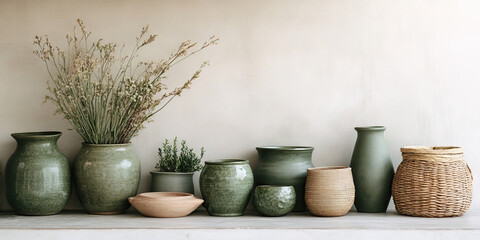 Green Decor Inspiration: A collection of minimalist green home decor items, such as ceramic pots and baskets, on a neutral-colored wall