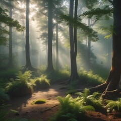 A Serene Scene Of A Foggy Morning In A Ancient Forest With Soft Rays Of Sunlight Filtering Through