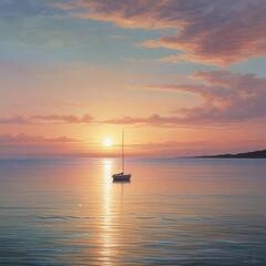 A Serene Scene Of A Glassy Ocean At With A Lone Sailboat On The The Sky Painted