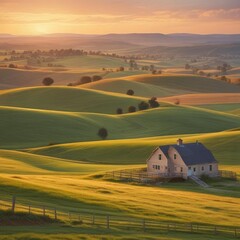 A Serene Scene Of A Peaceful Countryside With Rolling A Tranquil And The Golden Light Of