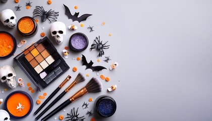 Collection of Halloween makeup items including face paints, brushes, glitter mockup layout. Autumn seasonal background. Graphic art illustration