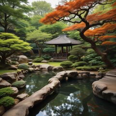 A Serene Scene Of A Peaceful Garden In With A Traditional Tea Koi And Carefully Manicured Bonsai