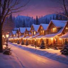 A Serene Scene Of A Snowy Village During The Holiday With Twinkling Festive And The