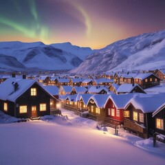 A Serene Scene Of A Traditional Scandinavian Village With Charming Wooden And The Northern Lights Shimmering In